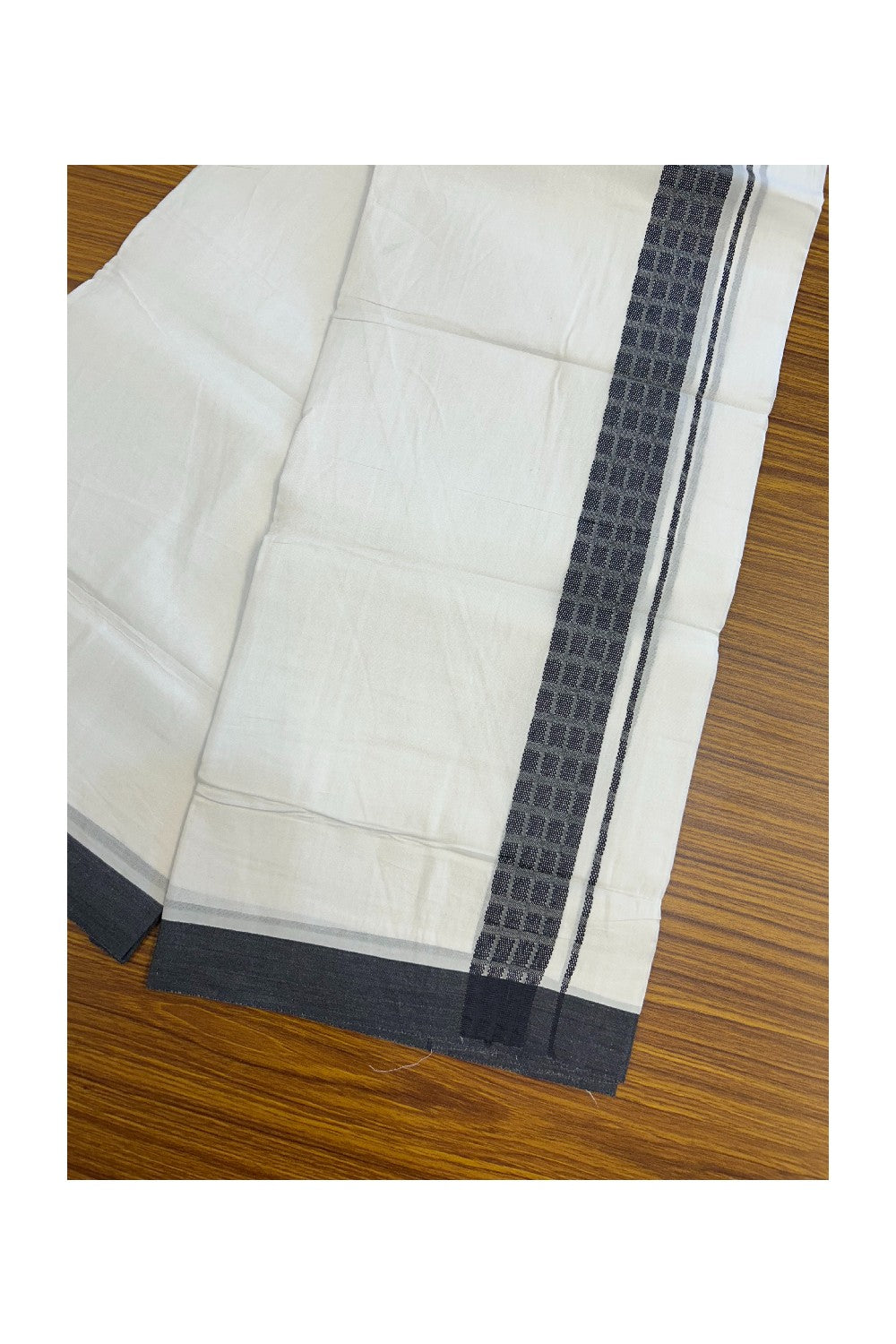 20% DISCOUNT! KaithariKada Balaramapuram Double PURE WHITE 100% Cotton Mundu/Dhoti - 100x80 - 1.5 inch Jacquard Black Check Kara - 37KK5139THI