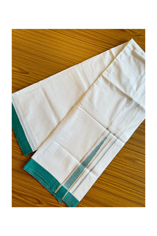 21% DISCOUNT!! Kaitharikada Balaramapuram 100% Cotton PURE WHITE Double Mundu/Dothi-100x100 Puliyilakkara CHUTTY 1.75 Inch Peacock Green & SILVER STRIPED Cotton Kara - 38KK424CEE