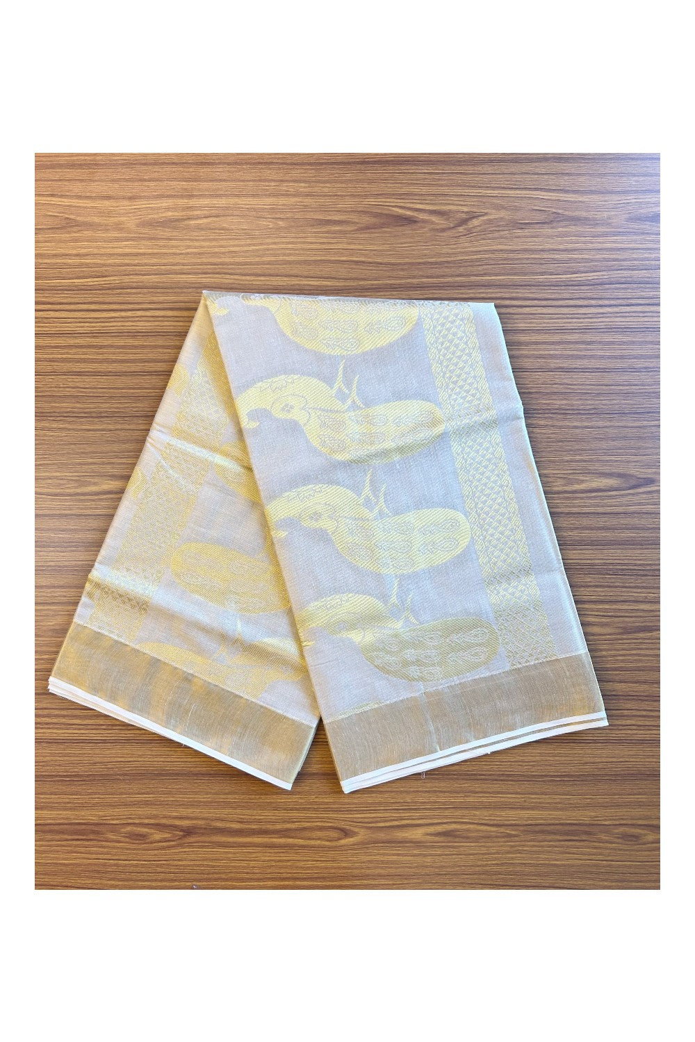 25% Discount!! Kaitharikada Kerala Cotton 5.5 inch Gold Peacock Design Tissue Kasavu Saree - 38KK303VIN