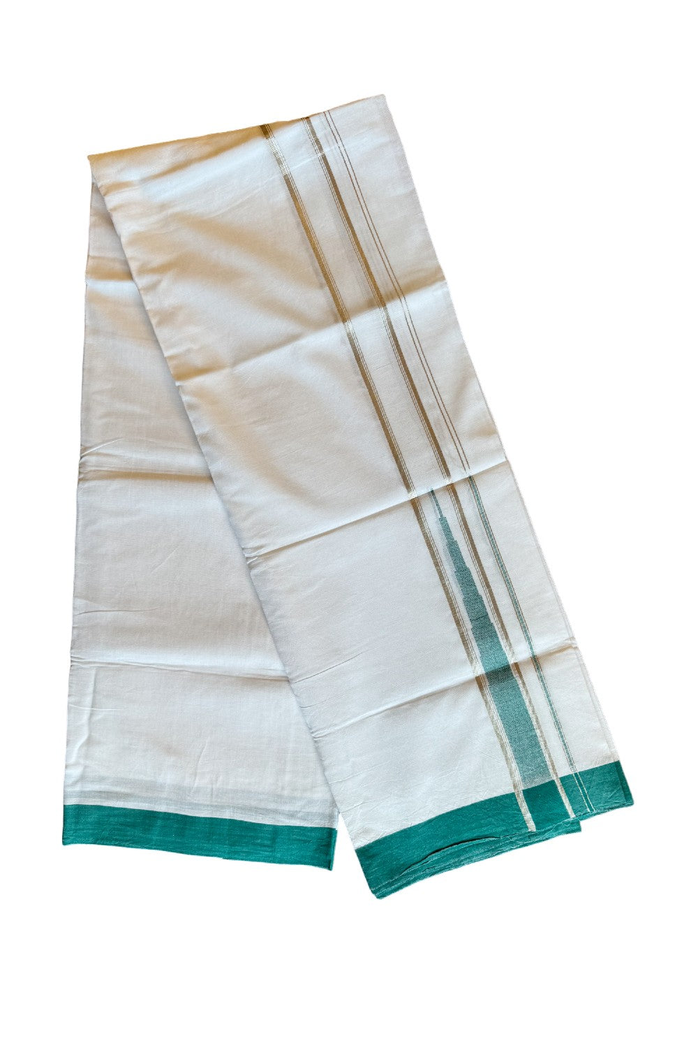 21% DISCOUNT!! Kaitharikada Balaramapuram 100% Cotton PURE WHITE Double Mundu/Dothi-100x100 Puliyilakkara CHUTTY 1.75 Inch Peacock Green & SILVER STRIPED Cotton Kara - 38KK424CEE