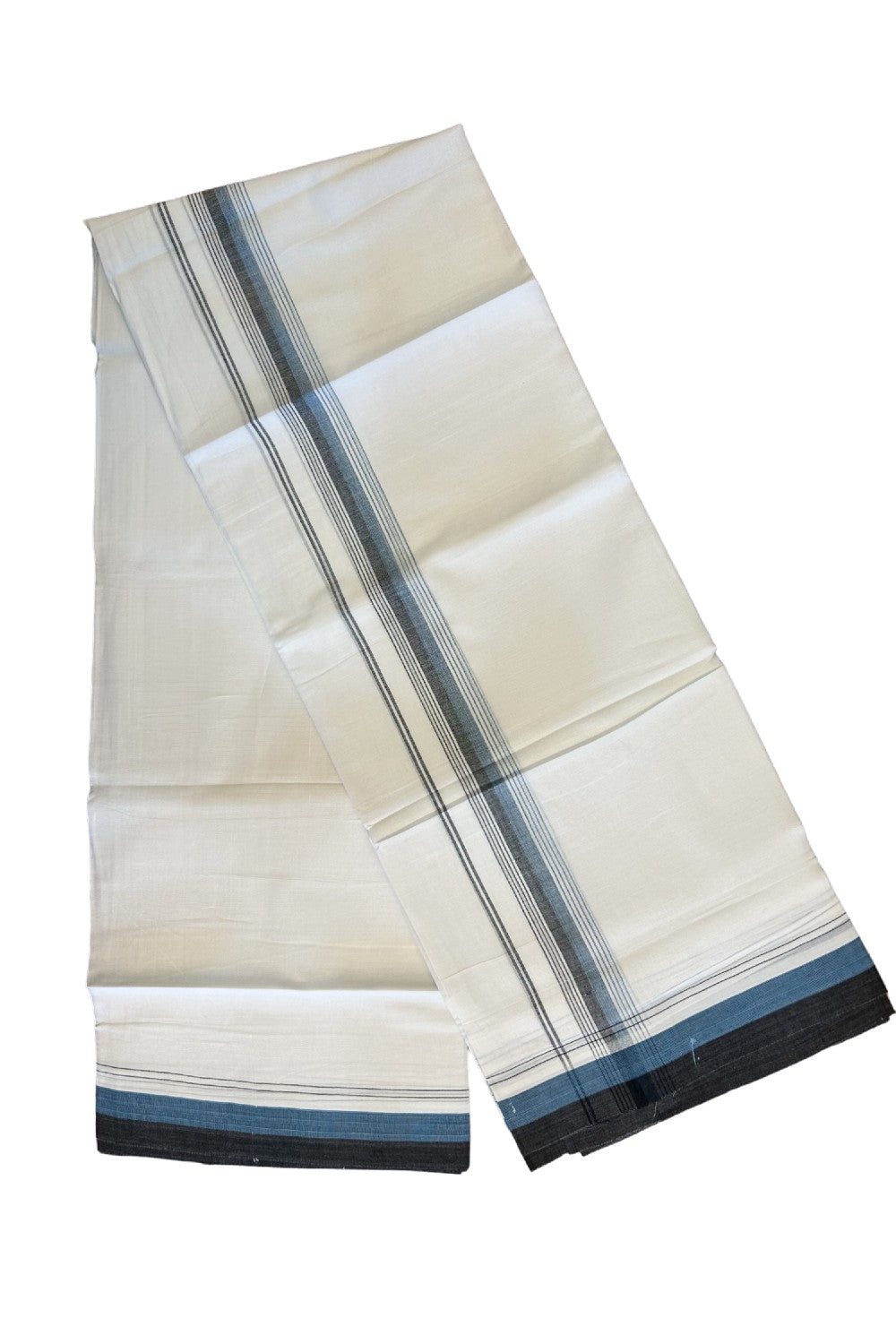 15% DISCOUNT!! Kaitharikada Balaramapuram 100% Cotton Ultra WHITE Double Mundu/Dothi-100x90  2.25 Inch Black &  Blue shaded stripes kara - 38KK430VAS