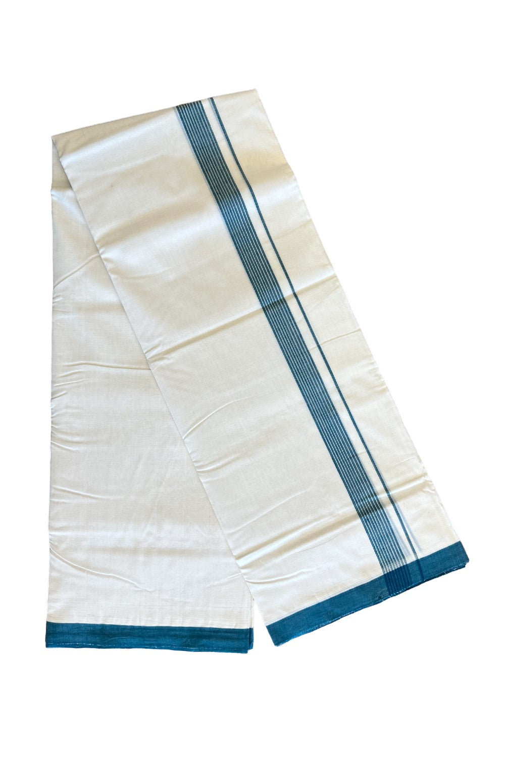 15% Discount!!! KaithariKada HANDLOOM UNAKKUPAAV Balaramapuram - 100% PURE Cotton off white (Unbleached) Double Mundu/Dhoti - Peacock green striped kara - 38KK458SOM