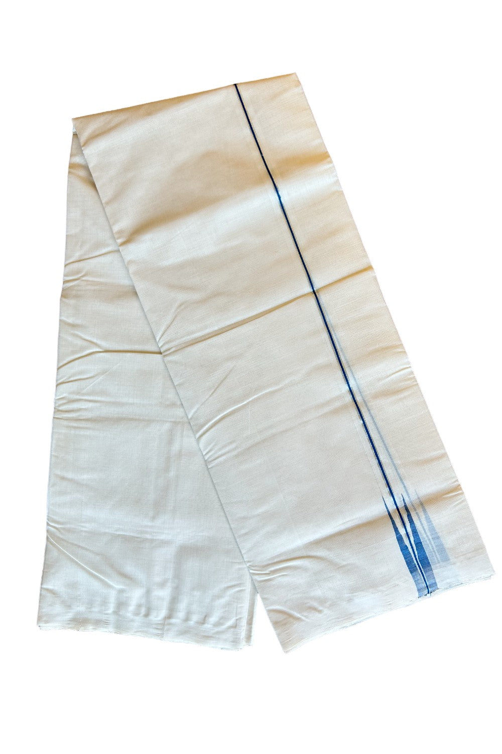 17% DISCOUNT!! KaithariKada HANDLOOM Millpaav Balaramapuram - 100% PURE Cotton OFF White - (Unbleched) Double Mundu/Dothi - 2 cm Puliyilakkara silver kasavu Peacock blue chutty - 38KK462RAM