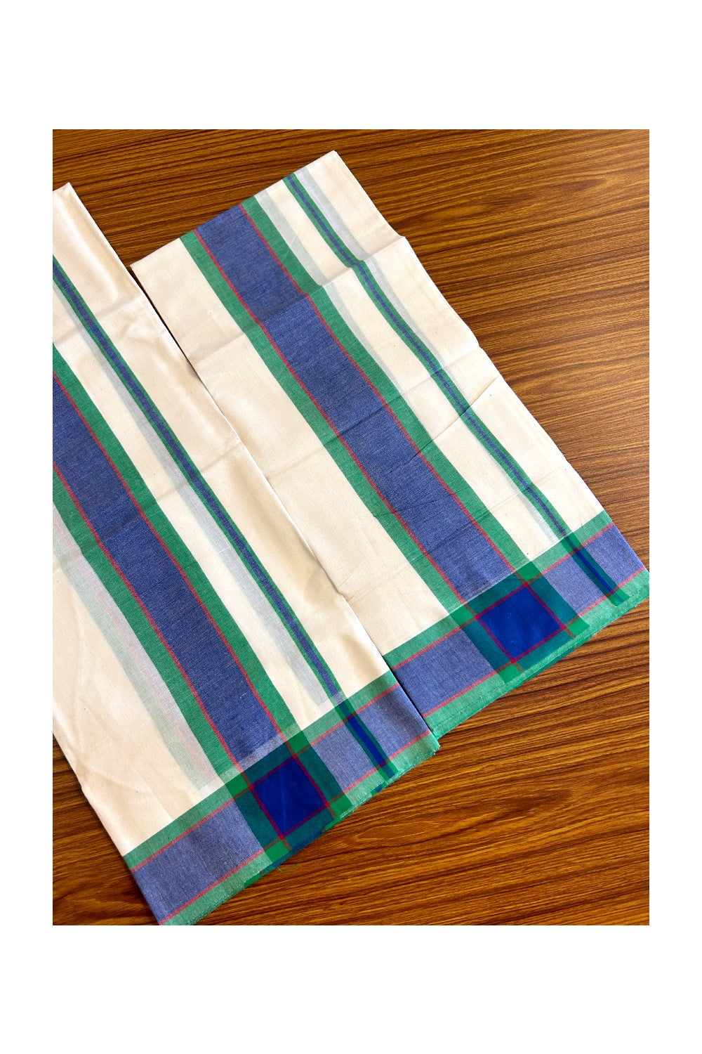 15% Discount!! KaithariKada - Kerala Cotton Single Set Mundu - EXTRA LENGTH - Green, Maroon & Blue Mulloth Kara- 38KK472CKA