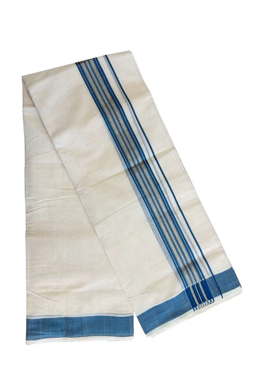 8% DISCOUNT!! KaithariKada HANDLOOM millpaav Balaramapuram - 100% PURE Cotton OFF White Double Mundu/Dothi - 2.75 inch   Peacock Blue Kasavu  & Gold Kasavu Striped kara - 38KK5029RAM