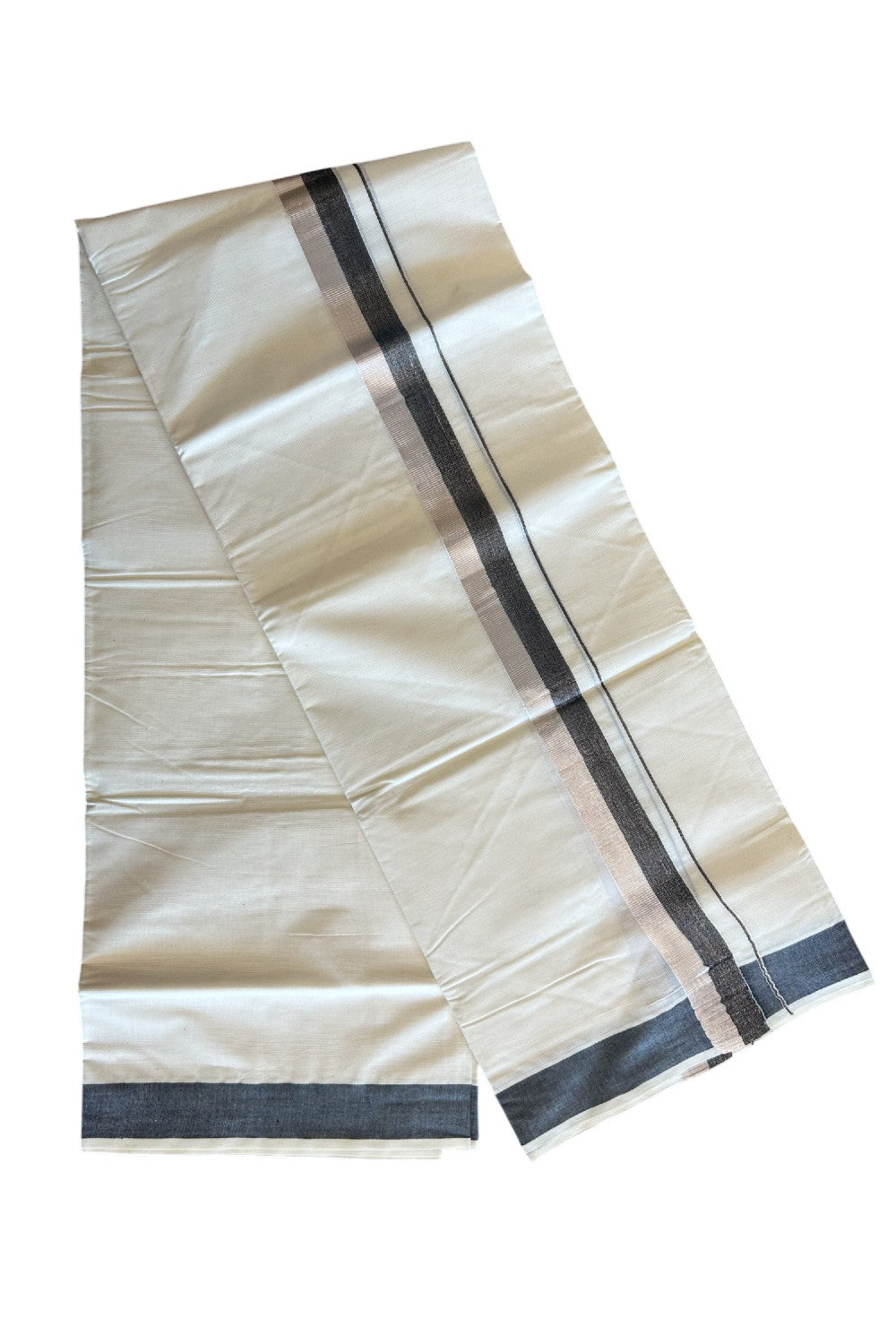 10% DISCOUNT ! KaithariKada Balaramapuram 100%  Cotton Double Off white - (Unbleached) Mundu/Dhoti-100X100- 2 inch BLACK & SILVER Kara-1.