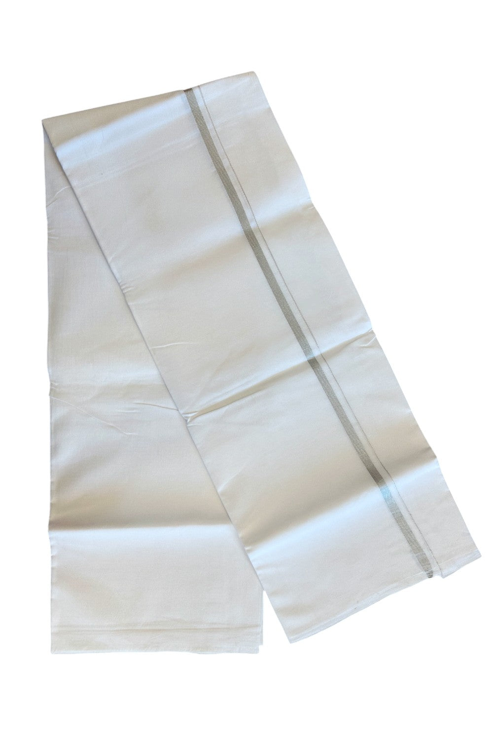 15% OFFER!! KaithariKada 100% Cotton PURE WHITE SINGLE Mundu/Dhoti - 0.75 inch Silver Kasav Kara (2 meter / 4 muzham)- 38KK5067KK