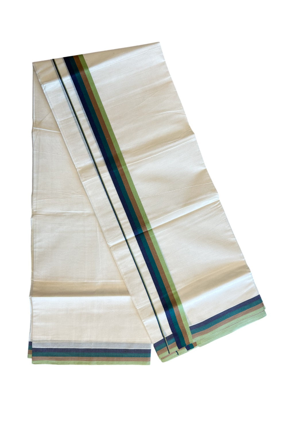 20% DISCOUNT ! KaithariKada Balaramapuram 100% Cotton off white (Unbleached) Double  Mundu/Dhoti - 100X90 - 2.25 inch Multi Colour kara - 38KK5113PMC