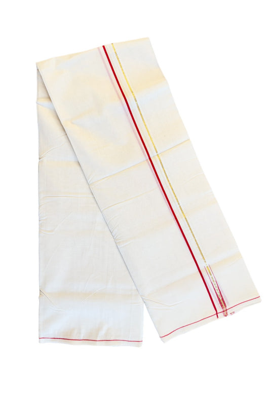 15% DISCOUNT!! KaithariKada HANDLOOM Unakkupaavu Balaramapuram - 100% PURE Cotton OFF White (Unbleached) Double Mundu/Dothi - RED KASAVU PULIYILAKKARA 1.cm Kara- KK46SOM-38.