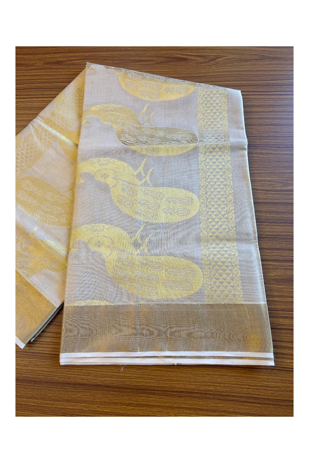 25% Discount!! Kaitharikada Kerala Cotton 5.5 inch Gold Peacock Design Tissue Kasavu Saree - 38KK303VIN