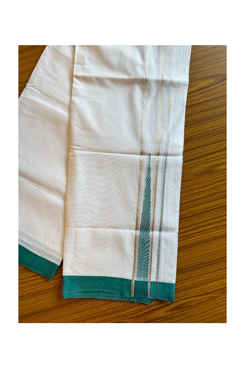 21% DISCOUNT!! Kaitharikada Balaramapuram 100% Cotton PURE WHITE Double Mundu/Dothi-100x100 Puliyilakkara CHUTTY 1.75 Inch Peacock Green & SILVER STRIPED Cotton Kara - 38KK424CEE