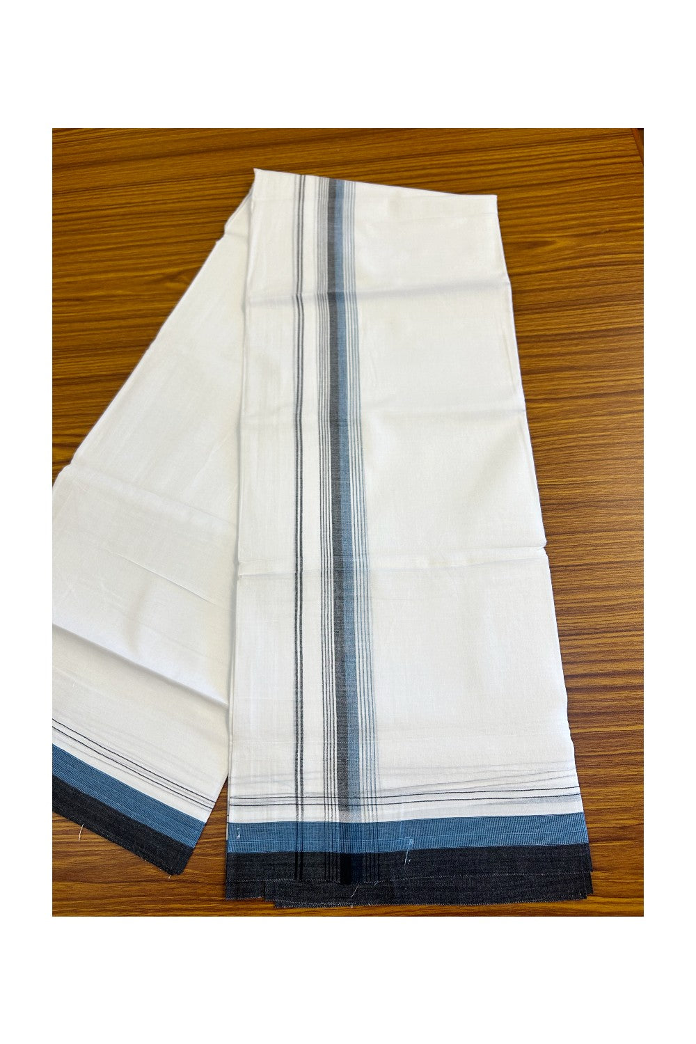 15% DISCOUNT!! Kaitharikada Balaramapuram 100% Cotton Ultra WHITE Double Mundu/Dothi-100x90  2.25 Inch Black &  Blue shaded stripes kara - 38KK430VAS