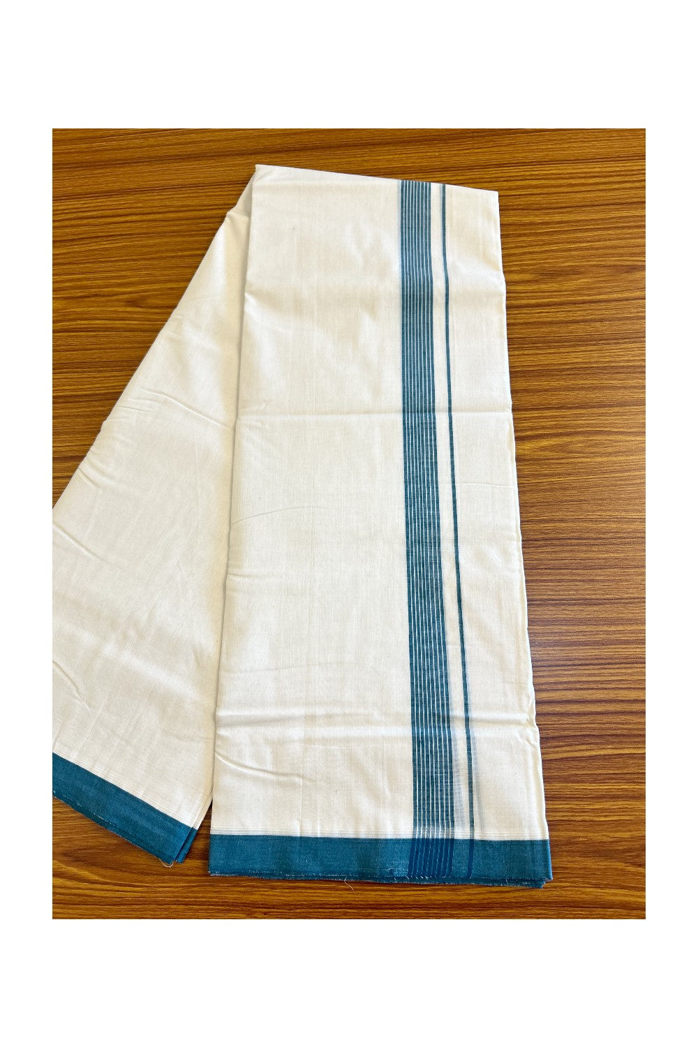 15% Discount!!! KaithariKada HANDLOOM UNAKKUPAAV Balaramapuram - 100% PURE Cotton off white (Unbleached) Double Mundu/Dhoti - Peacock green striped kara - 38KK458SOM