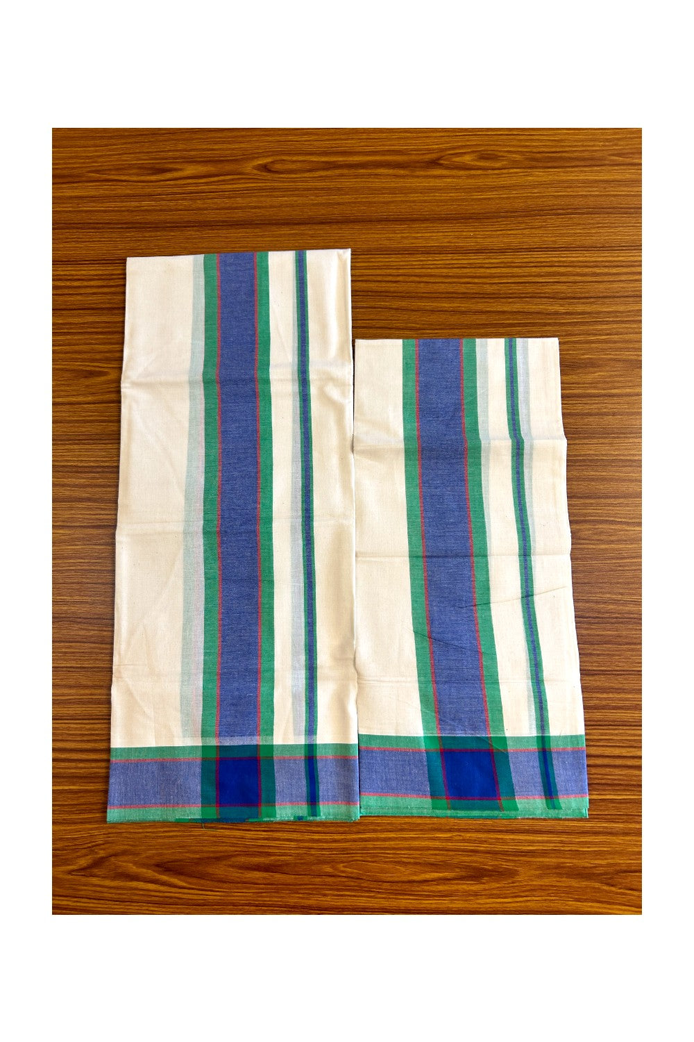 15% Discount!! KaithariKada - Kerala Cotton Single Set Mundu - EXTRA LENGTH - Green, Maroon & Blue Mulloth Kara- 38KK472CKA