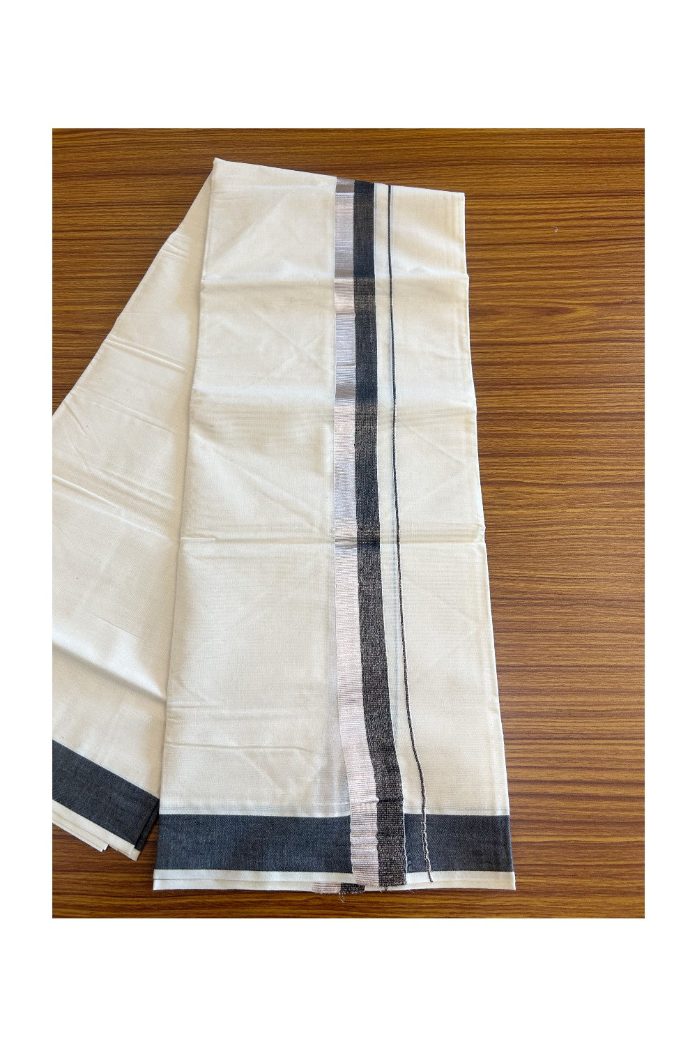 10% DISCOUNT ! KaithariKada Balaramapuram 100%  Cotton Double Off white - (Unbleached) Mundu/Dhoti-100X100- 2 inch BLACK & SILVER Kara-1.