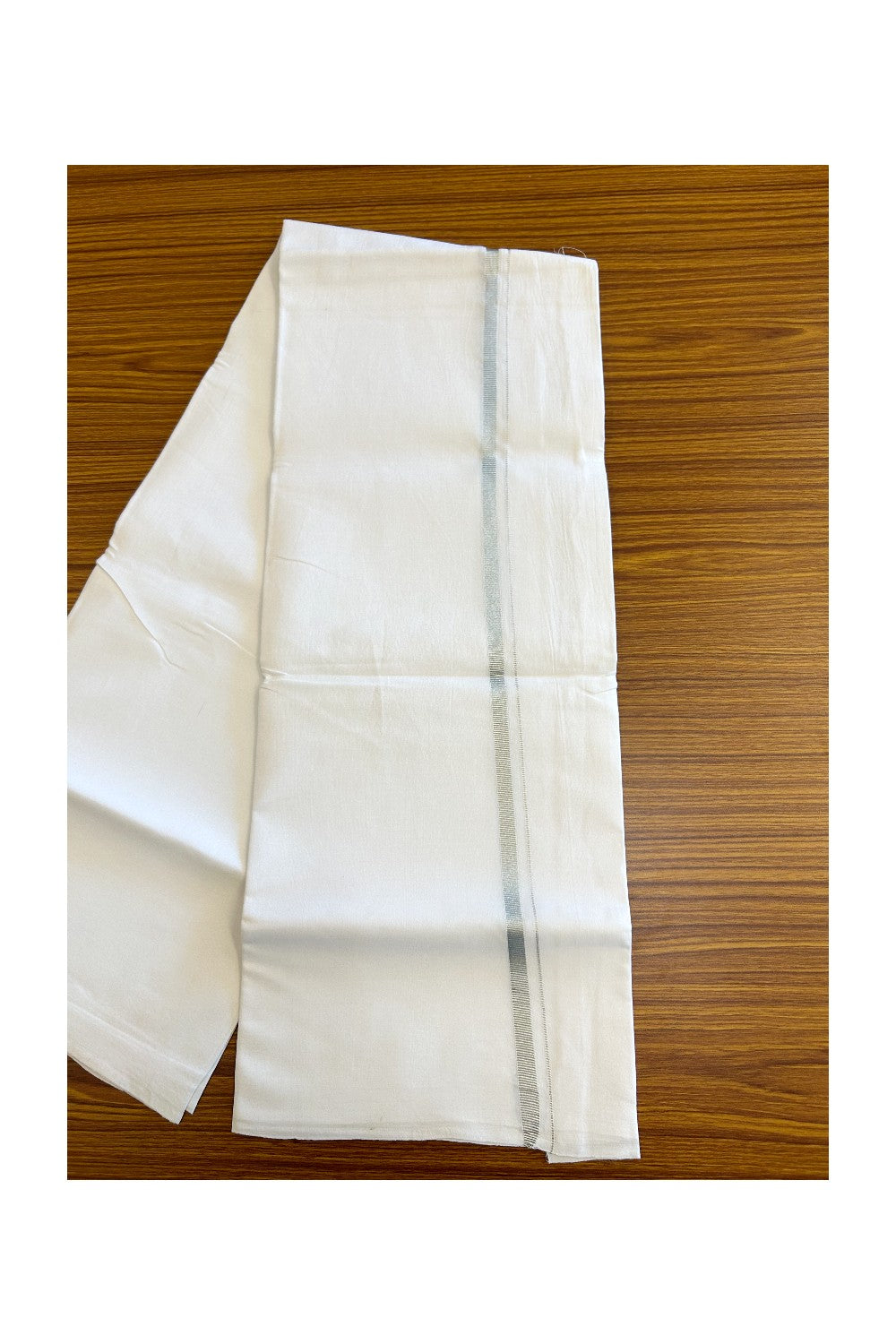 15% OFFER!! KaithariKada 100% Cotton PURE WHITE SINGLE Mundu/Dhoti - 0.75 inch Silver Kasav Kara (2 meter / 4 muzham)- 38KK5067KK