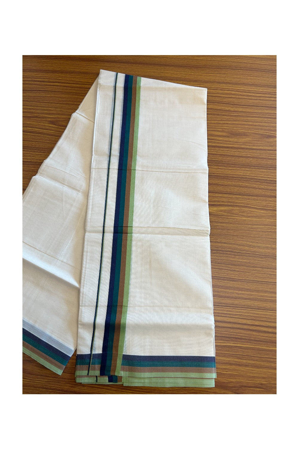 20% DISCOUNT ! KaithariKada Balaramapuram 100% Cotton off white (Unbleached) Double  Mundu/Dhoti - 100X90 - 2.25 inch Multi Colour kara - 38KK5113PMC