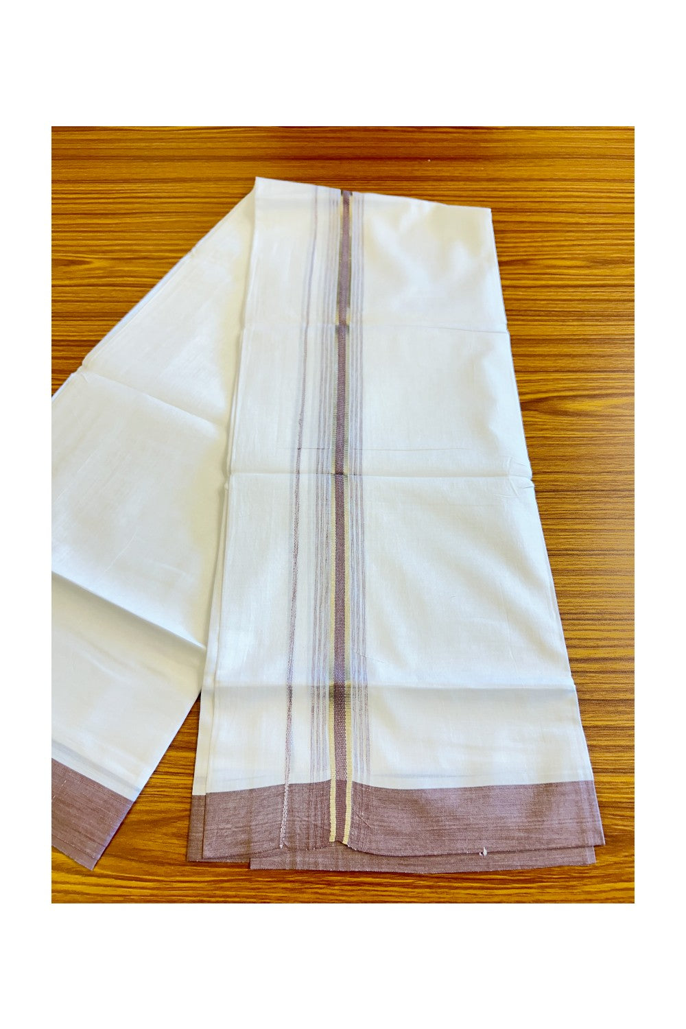 21% DISCOUNT!! Kaitharikada Balaramapuram 100% Cotton Ultra WHITE Double Mundu/Dothi-100x80  2 Inch LIGHT MAROON & SILVER Striped Cotton Kara -38KK73VAS.