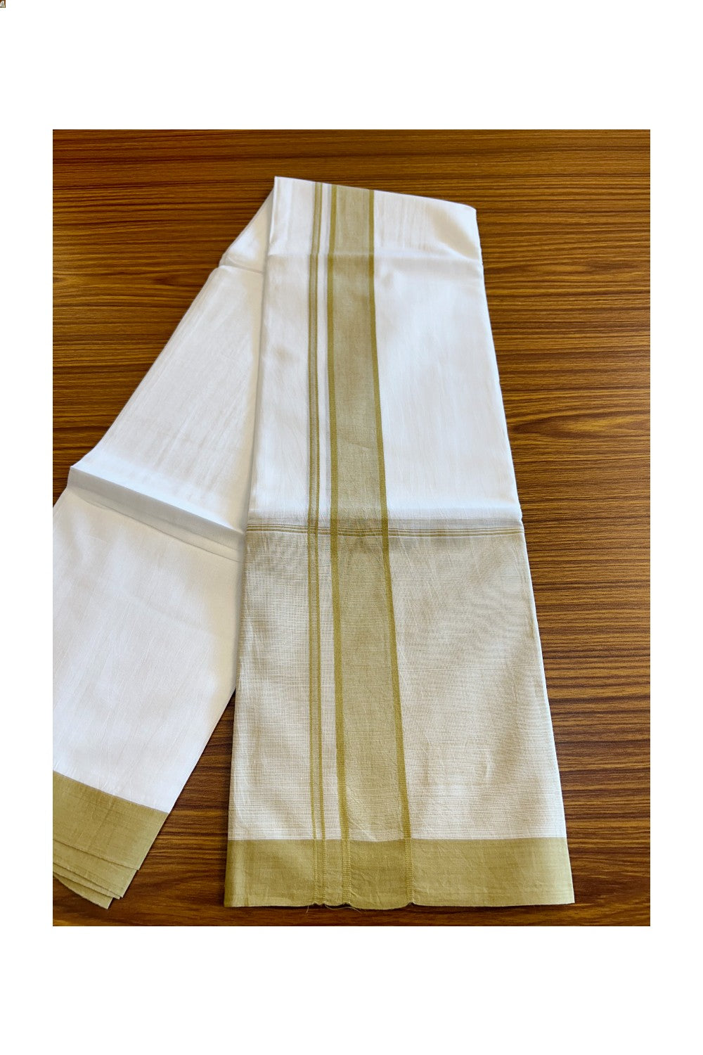 15% DISCOUNT!! Kaitharikada Balaramapuram 100% Cotton Ultra WHITE Double Mundu/Dothi-100x100   2.25 Inch LIGHT YELLOW SHADED Cotton Kara - 38KK74RAM