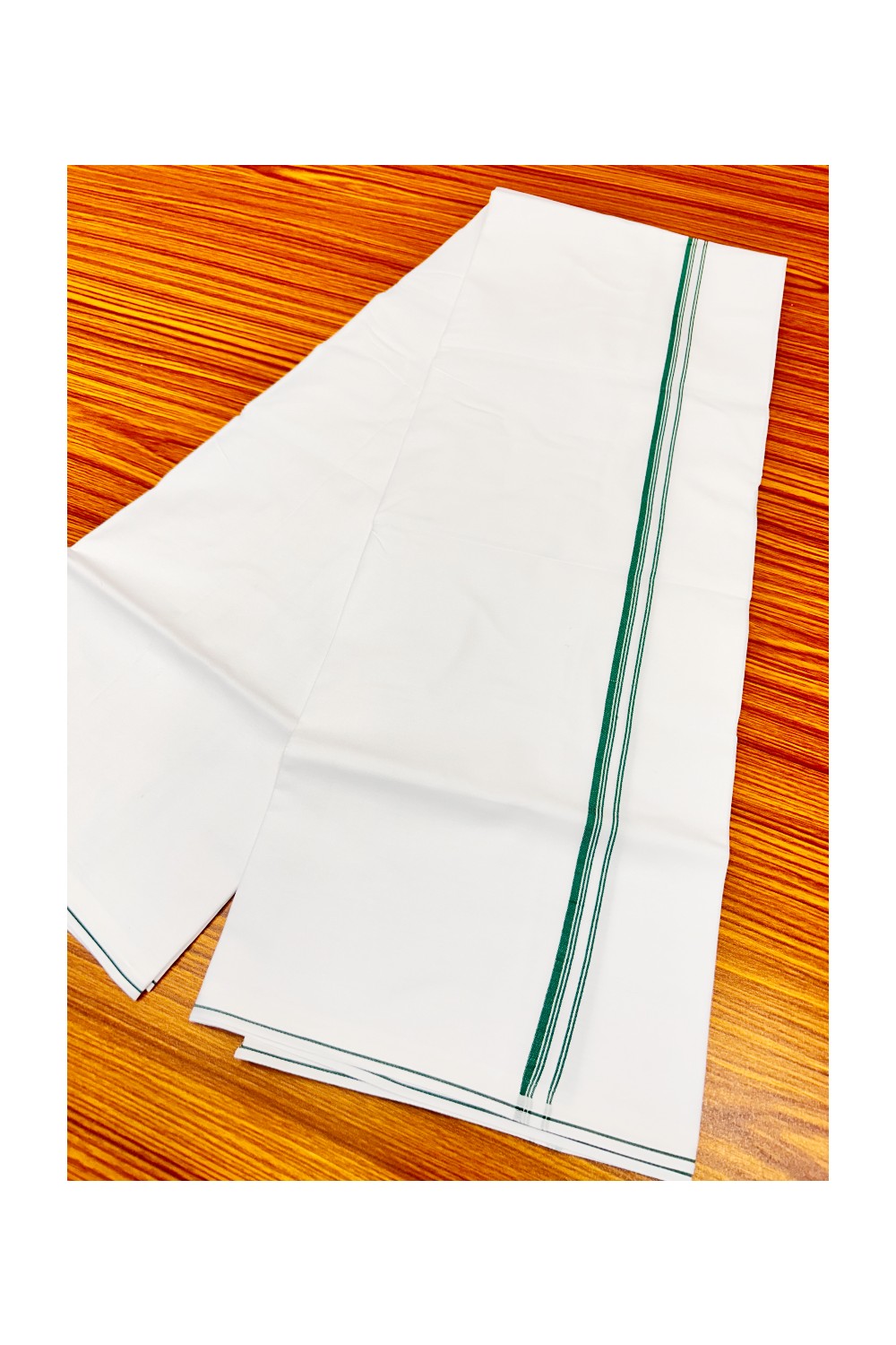 20% OFFER!! KaithariKada 100% Cotton ULTRA WHITE SINGLE Mundu/Dhoti-120X120 Dark Green Stripes 1.5 cm (2 meter / 4 muzham) Kara- 38sar