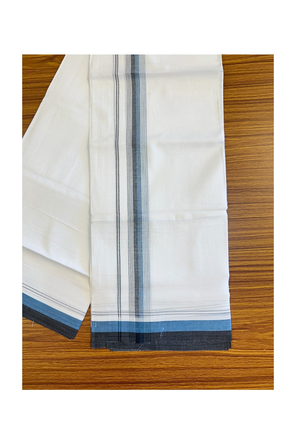 15% DISCOUNT!! Kaitharikada Balaramapuram 100% Cotton Ultra WHITE Double Mundu/Dothi-100x90  2.25 Inch Black &  Blue shaded stripes kara - 38KK430VAS