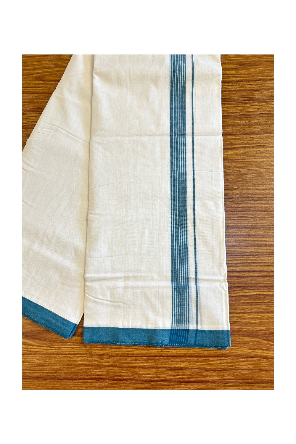 15% Discount!!! KaithariKada HANDLOOM UNAKKUPAAV Balaramapuram - 100% PURE Cotton off white (Unbleached) Double Mundu/Dhoti - Peacock green striped kara - 38KK458SOM