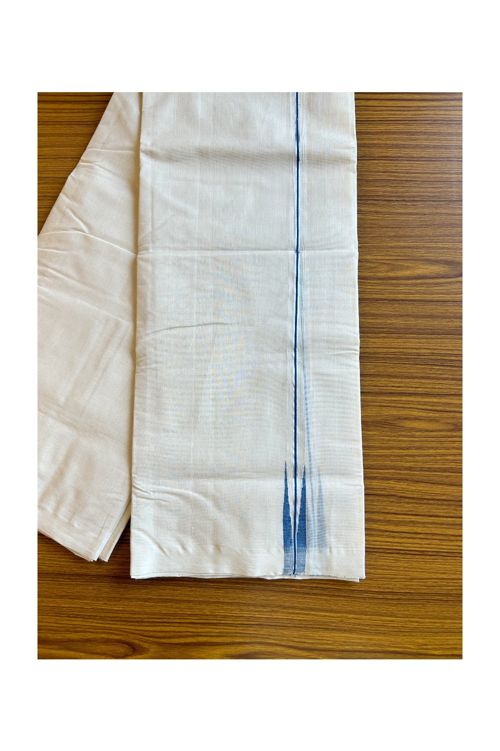 17% DISCOUNT!! KaithariKada HANDLOOM Millpaav Balaramapuram - 100% PURE Cotton OFF White - (Unbleched) Double Mundu/Dothi - 2 cm Puliyilakkara silver kasavu Peacock blue chutty - 38KK462RAM