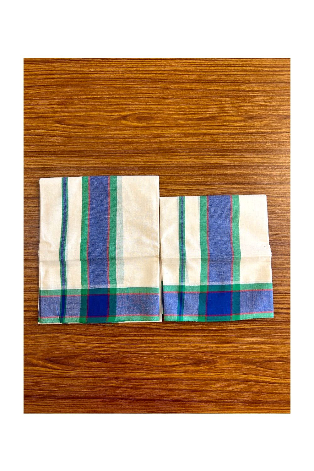 15% Discount!! KaithariKada - Kerala Cotton Single Set Mundu - EXTRA LENGTH - Green, Maroon & Blue Mulloth Kara- 38KK472CKA