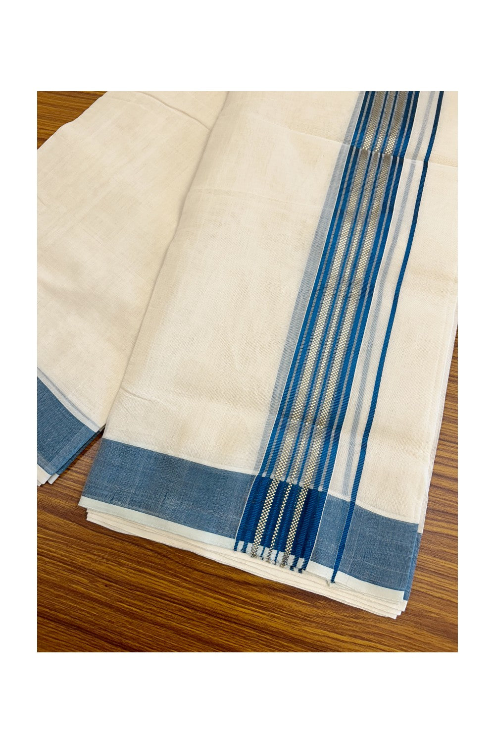 8% DISCOUNT!! KaithariKada HANDLOOM millpaav Balaramapuram - 100% PURE Cotton OFF White Double Mundu/Dothi - 2.75 inch   Peacock Blue Kasavu  & Gold Kasavu Striped kara - 38KK5029RAM