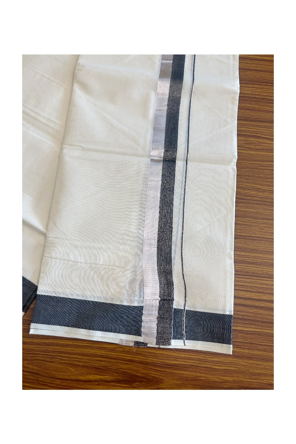 10% DISCOUNT ! KaithariKada Balaramapuram 100%  Cotton Double Off white - (Unbleached) Mundu/Dhoti-100X100- 2 inch BLACK & SILVER Kara-1.