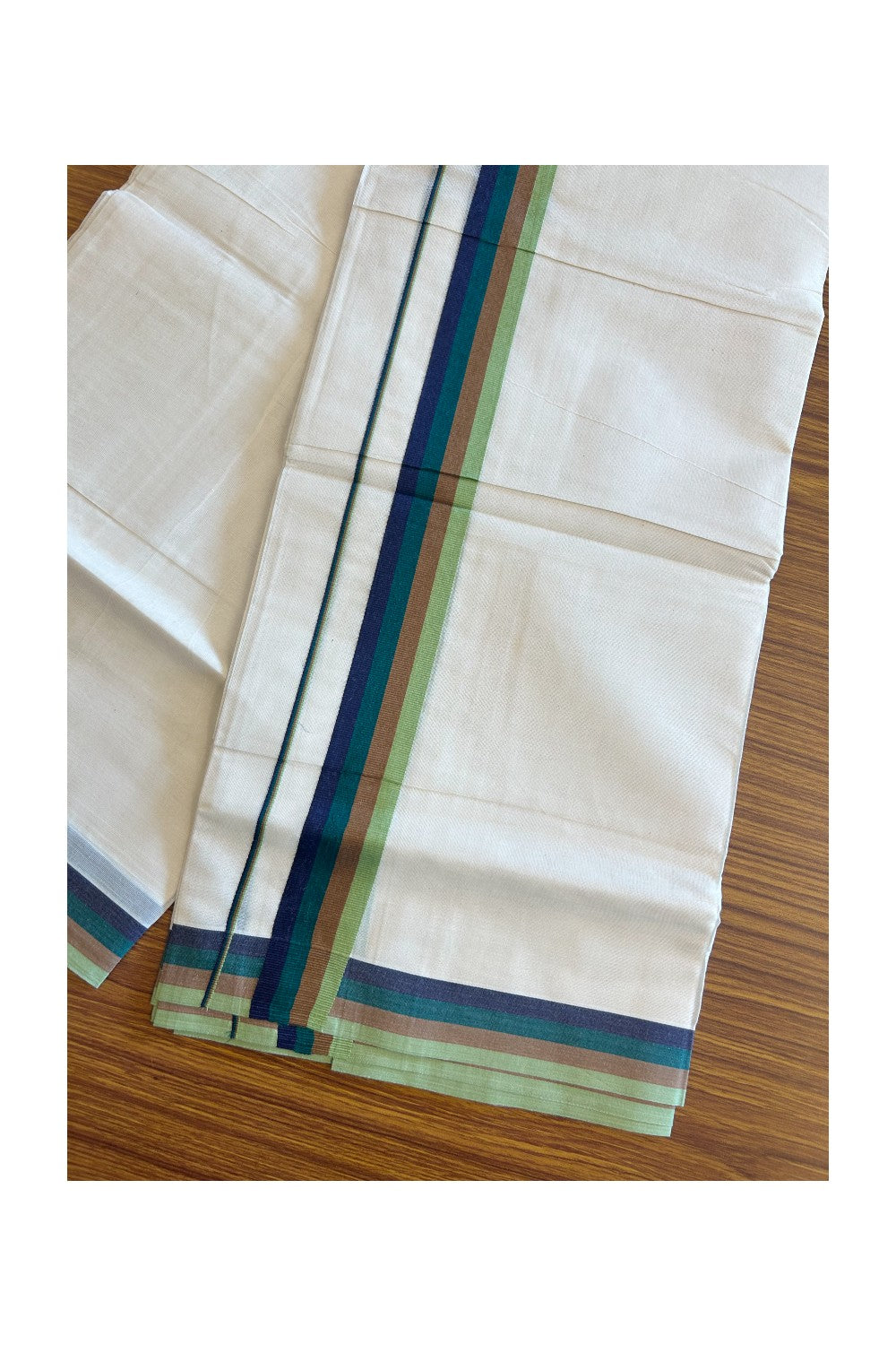 20% DISCOUNT ! KaithariKada Balaramapuram 100% Cotton off white (Unbleached) Double  Mundu/Dhoti - 100X90 - 2.25 inch Multi Colour kara - 38KK5113PMC