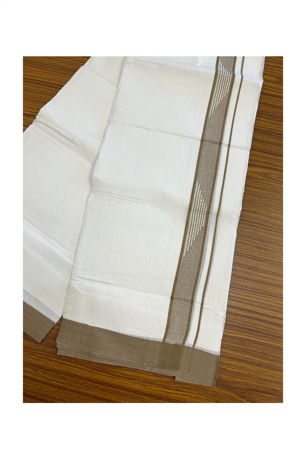 20% DISCOUNT! KaithariKada Balaramapuram Double PURE WHITE 100% Cotton Mundu/Dhoti - 100x80 - 1.25 inch Jacquard brown Kara Putta Design - 40KK5139THI