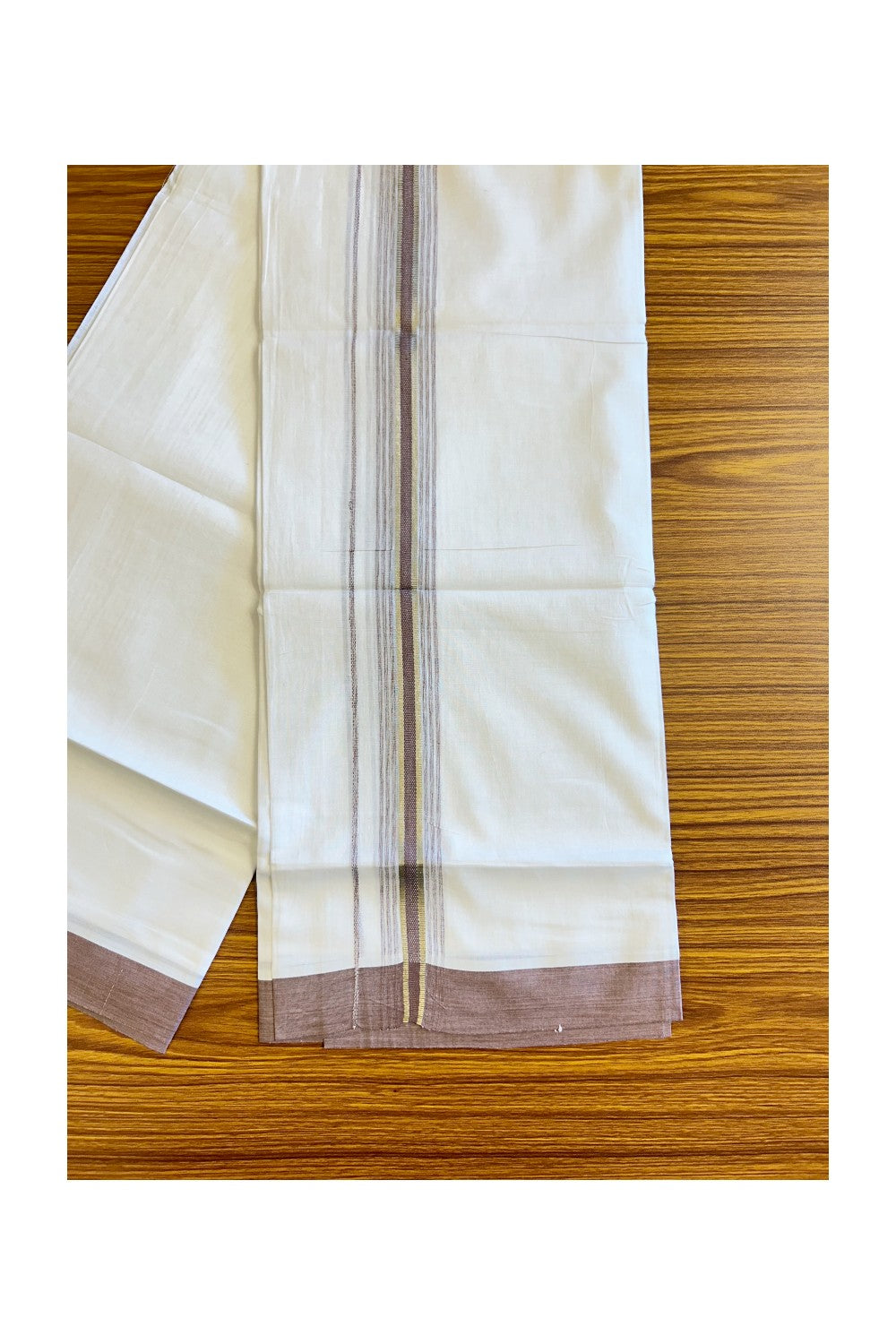 21% DISCOUNT!! Kaitharikada Balaramapuram 100% Cotton Ultra WHITE Double Mundu/Dothi-100x80  2 Inch LIGHT MAROON & SILVER Striped Cotton Kara -38KK73VAS.