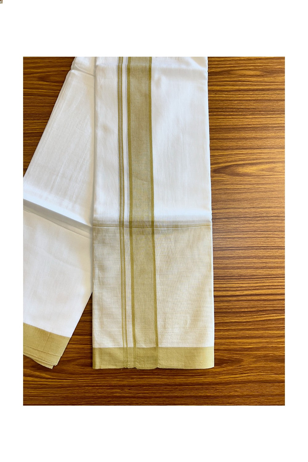 15% DISCOUNT!! Kaitharikada Balaramapuram 100% Cotton Ultra WHITE Double Mundu/Dothi-100x100   2.25 Inch LIGHT YELLOW SHADED Cotton Kara - 38KK74RAM