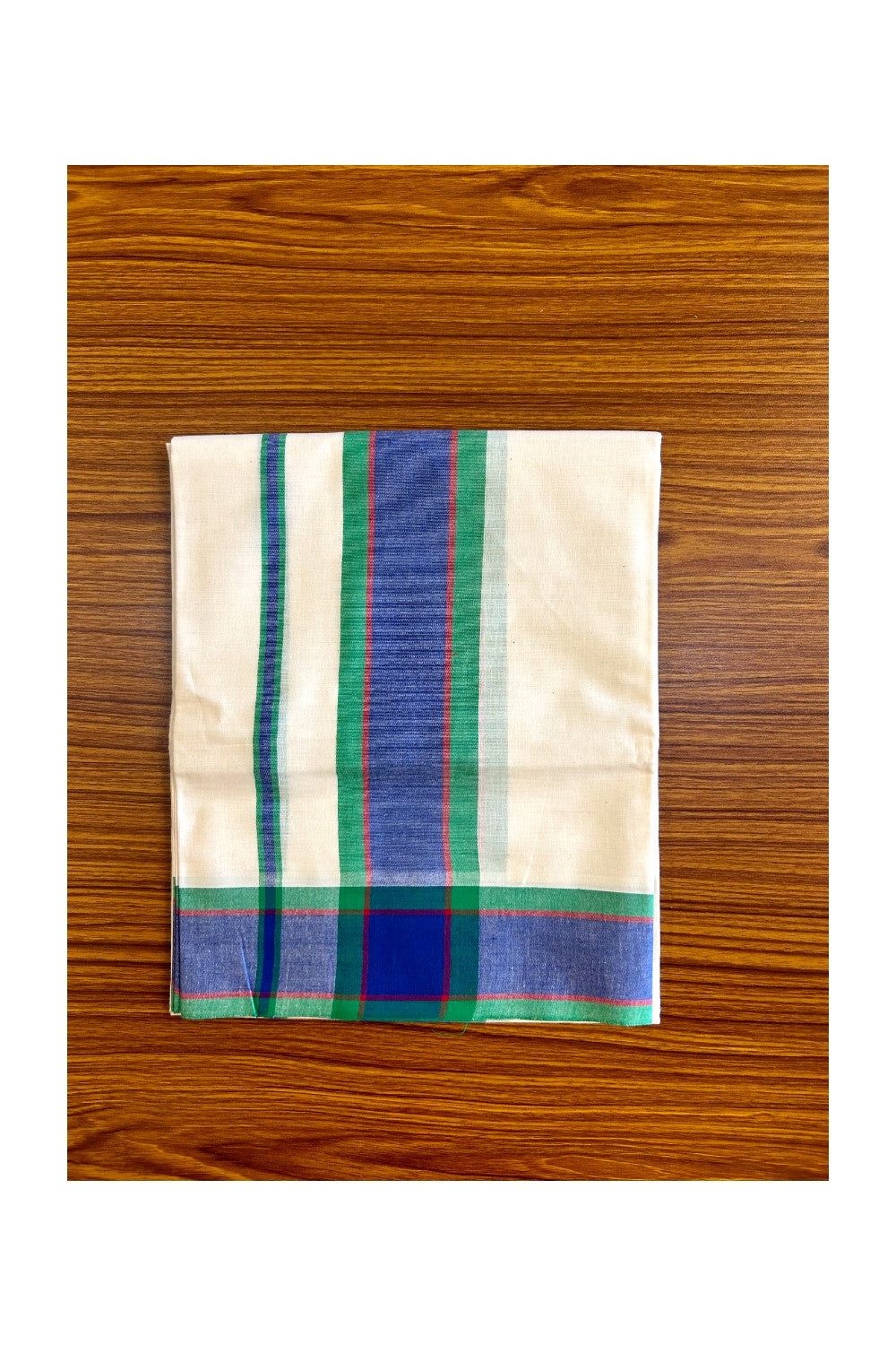 15% Discount!! KaithariKada - Kerala Cotton Single Set Mundu - EXTRA LENGTH - Green, Maroon & Blue Mulloth Kara- 38KK472CKA