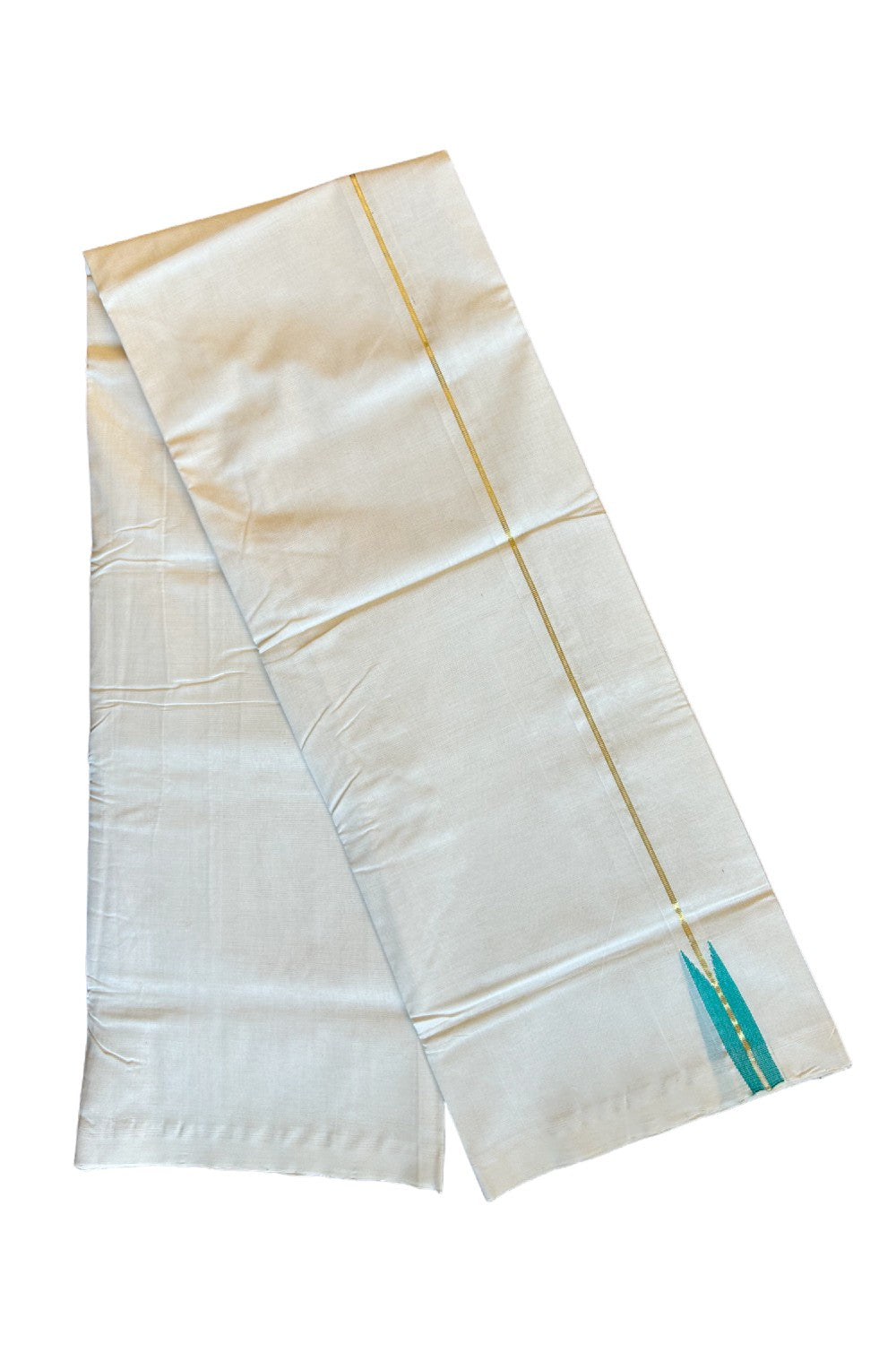 20% Discount KaithariKada HANDLOOM UNAKKUPAAV Balaramapuram - 100% PURE Cotton off white (Unbleached) Double Mundu/Dhoti -  Puliyilakkara 2 cm Kasavu & Aqua green Chutty - 39KK456KK