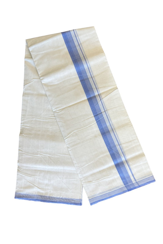 15% Discount!!! KaithariKada HANDLOOM UNAKKUPAAV Balaramapuram - 100% PURE Cotton off white (Unbleached) Double Mundu/Dhoti - Lavender blue & white stripes kara - 39KK458SOM