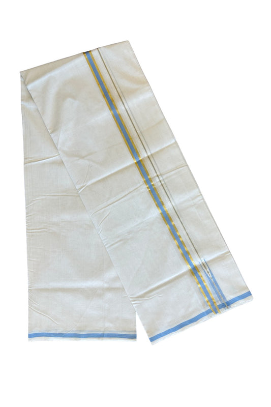 17% DISCOUNT!! KaithariKada HANDLOOM UNAKKUPAAV Balaramapuram - 100% PURE Cotton OFF White - (Unbleached) Double Mundu/Dothi - 0.75 inch Puliyilakkara Kasavu Sky blue chutty - 39KK462RAM