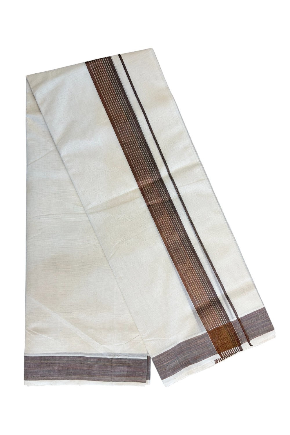 8% DISCOUNT!! KaithariKada HANDLOOM Millpaav Balaramapuram - 100% PURE Cotton OFF White Double Mundu/Dothi - 2.75 inch BROWN GOLD kasavu Stripes Kara - 39KK5029RAM