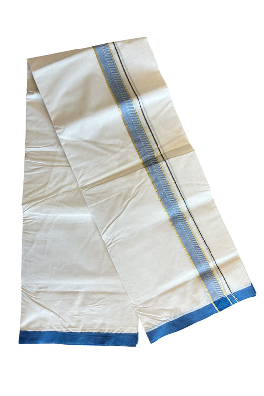 10% DISCOUNT ! KaithariKada Balaramapuram 100%  Cotton Double Off white - (Unbleached) Mundu/Dhoti-100X100- 1.75 inch  PEACOCK GREEN & GOLD  STRIPES Kara-8.