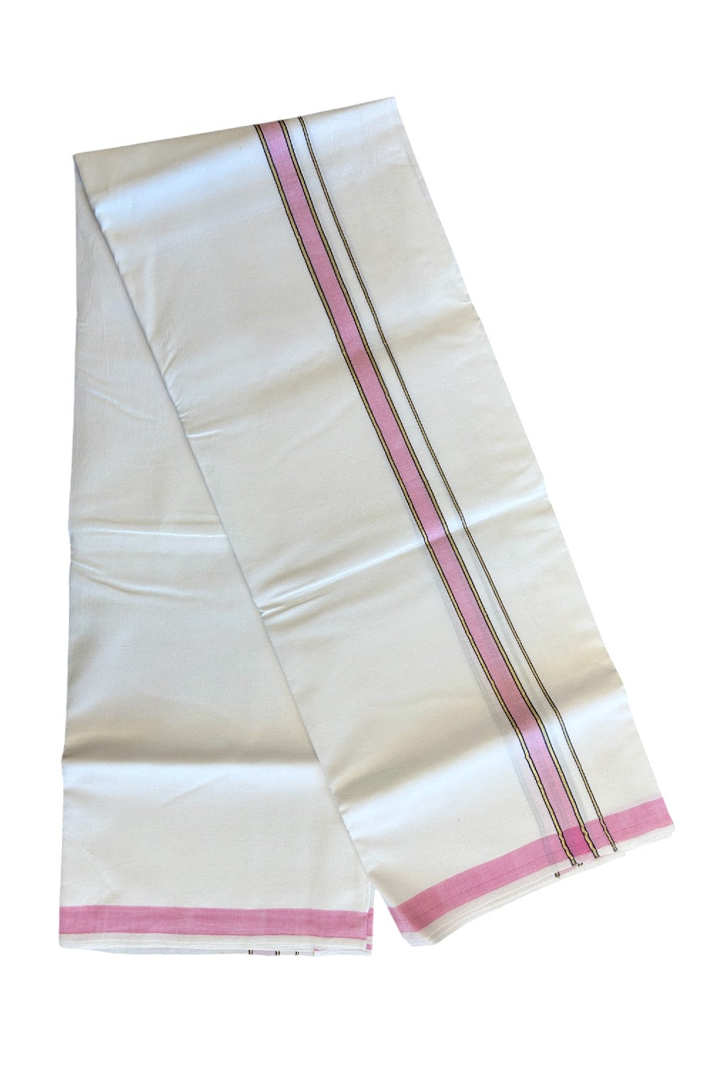 20% OFFER! KaithariKada 100% Cotton Balaramapuram HANDLOOM Single  PURE WHITE Mundu/Dhoti - 3.5 cm Pink Kasavu Kara & Blue Stripes Design - 39KK5067KK