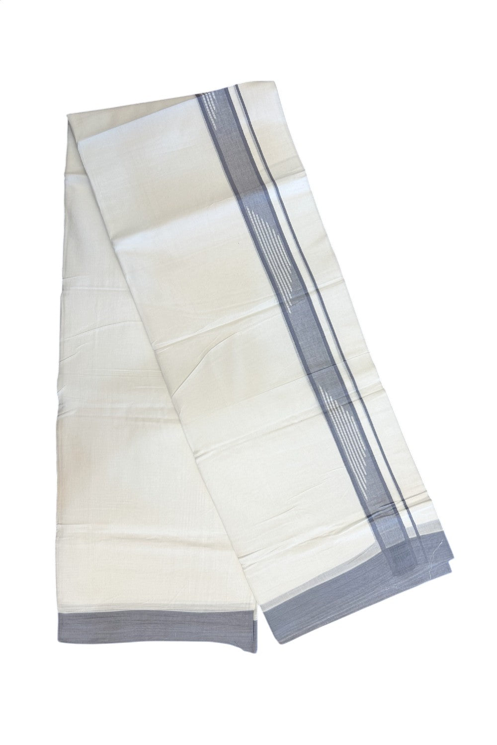 20% DISCOUNT! KaithariKada Balaramapuram Double PURE WHITE 100% Cotton Mundu/Dhoti - 100x80 - 1.25 inch Jacquard Ash Grey Kara Putta Design - 39KK5139THI