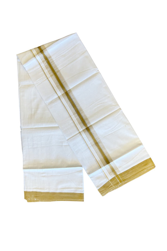 21% DISCOUNT!! Kaitharikada Balaramapuram 100% Cotton Ultra WHITE Double Mundu/Dothi-100x80  2.25 Inch DARK MUSTARD YELLOW & SILVER Striped Cotton Kara - 39KK73VAS.