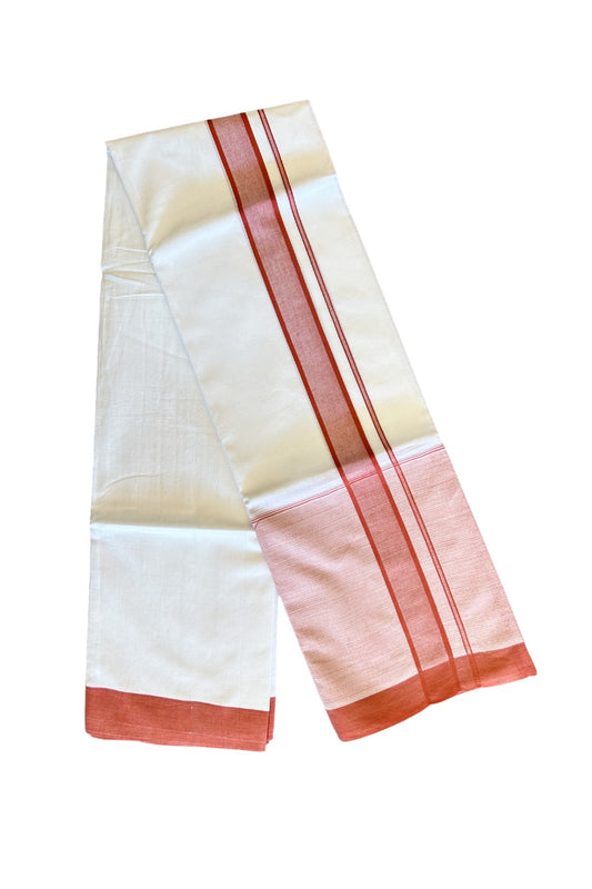 15% DISCOUNT!! Kaitharikada Balaramapuram 100% Cotton Ultra WHITE Double Mundu/Dothi-100x100   2.25 Inch BRICK RED SHADED Cotton Kara - 39KK74RAM