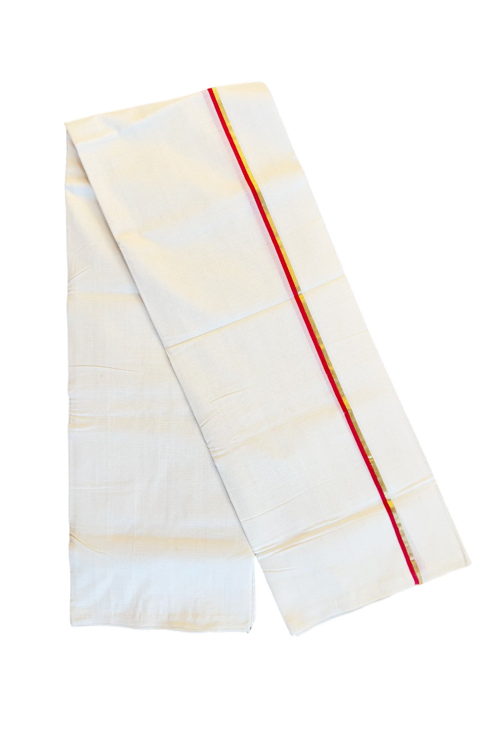 15% DISCOUNT!! KaithariKada HANDLOOM Unakkupaavu Balaramapuram - 100% PURE Cotton OFF White (Unbleached) Double Mundu/Dothi - RED KASAVU 2 .cm Kara- KK46SOM-39.