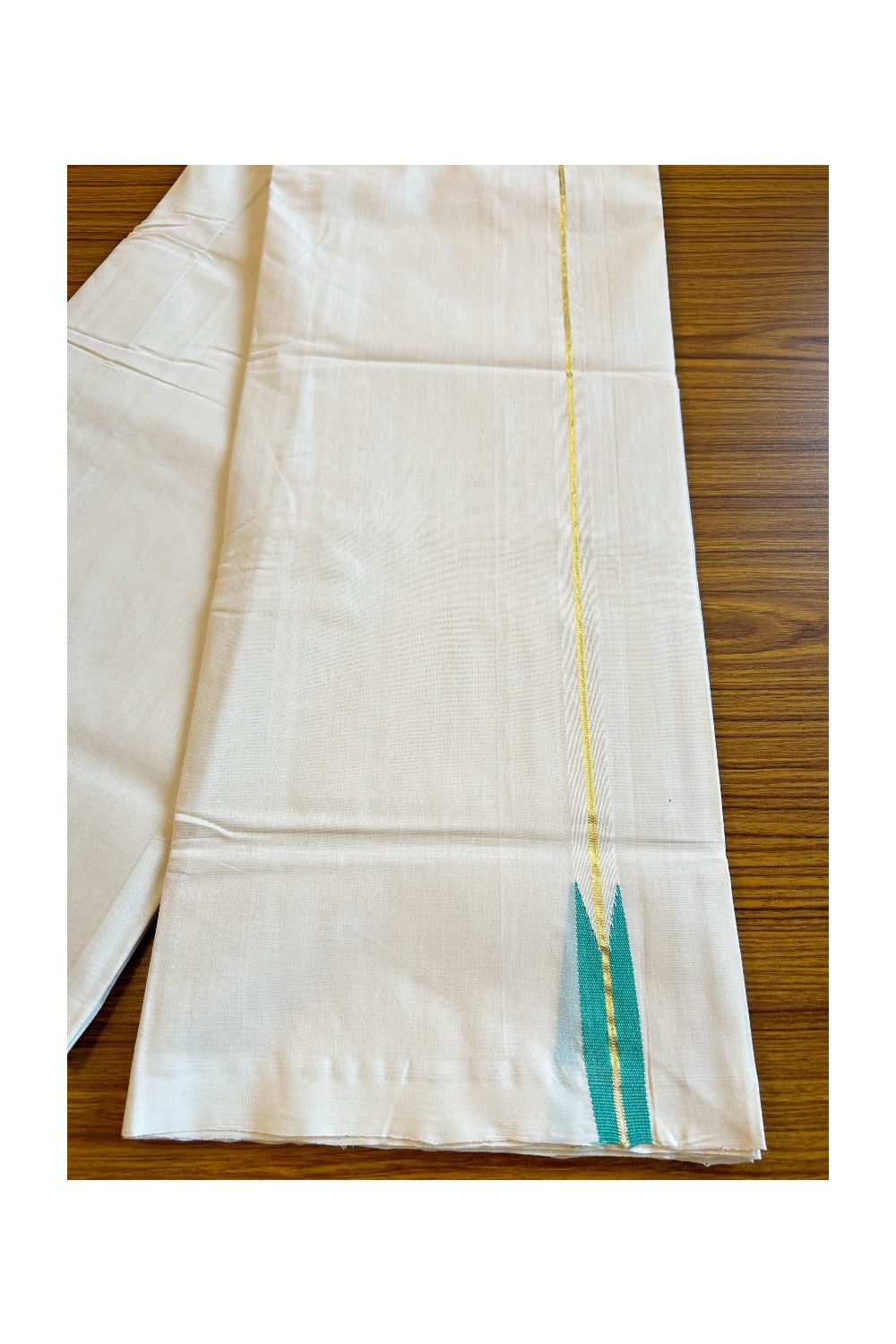 20% Discount KaithariKada HANDLOOM UNAKKUPAAV Balaramapuram - 100% PURE Cotton off white (Unbleached) Double Mundu/Dhoti -  Puliyilakkara 2 cm Kasavu & Aqua green Chutty - 39KK456KK