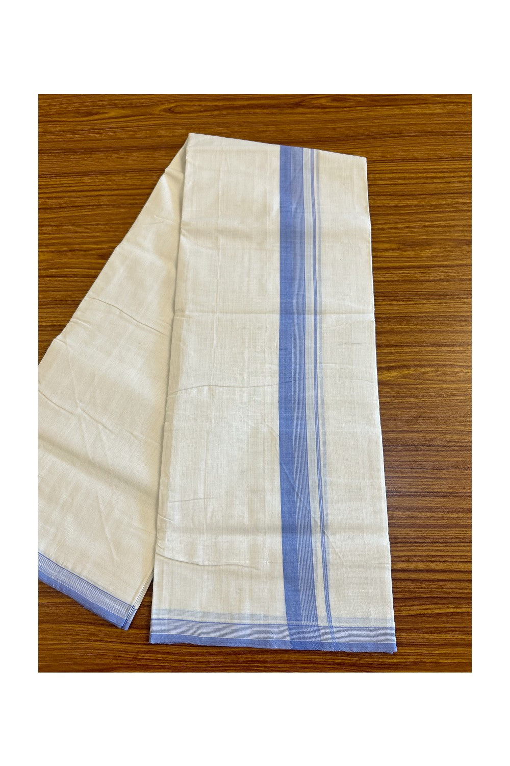 15% Discount!!! KaithariKada HANDLOOM UNAKKUPAAV Balaramapuram - 100% PURE Cotton off white (Unbleached) Double Mundu/Dhoti - Lavender blue & white stripes kara - 39KK458SOM