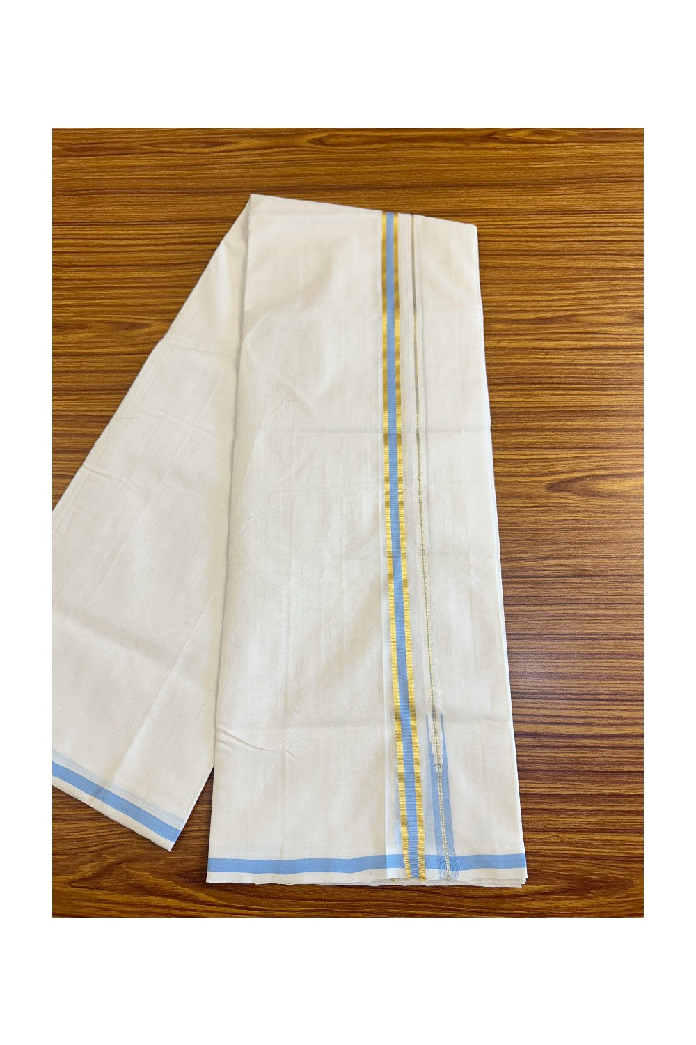 17% DISCOUNT!! KaithariKada HANDLOOM UNAKKUPAAV Balaramapuram - 100% PURE Cotton OFF White - (Unbleached) Double Mundu/Dothi - 0.75 inch Puliyilakkara Kasavu Sky blue chutty - 39KK462RAM