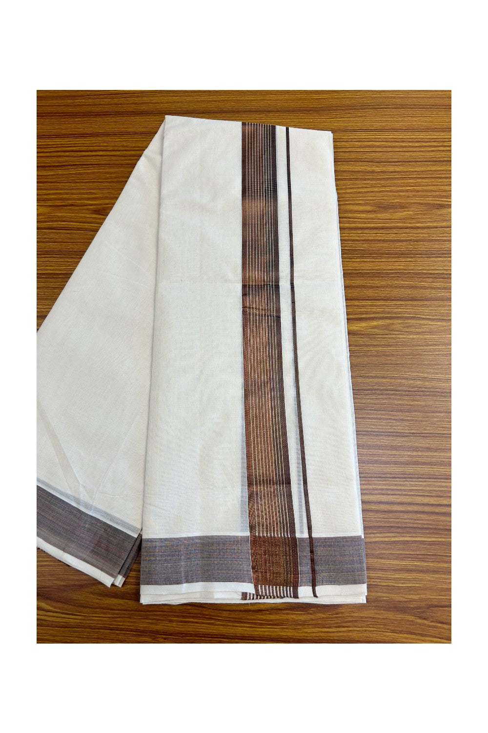 8% DISCOUNT!! KaithariKada HANDLOOM Millpaav Balaramapuram - 100% PURE Cotton OFF White Double Mundu/Dothi - 2.75 inch BROWN GOLD kasavu Stripes Kara - 39KK5029RAM