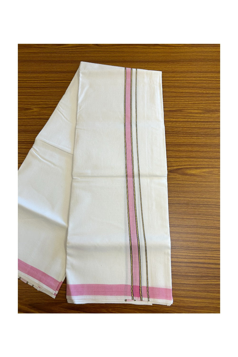 20% OFFER! KaithariKada 100% Cotton Balaramapuram HANDLOOM Single  PURE WHITE Mundu/Dhoti - 3.5 cm Pink Kasavu Kara & Blue Stripes Design - 39KK5067KK